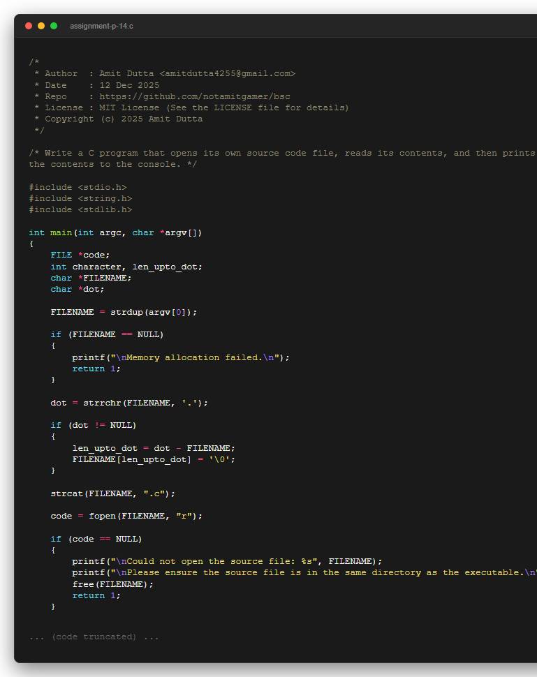 Write a C program that opens its own source code file, reads its contents, and then prints the contents to the console.